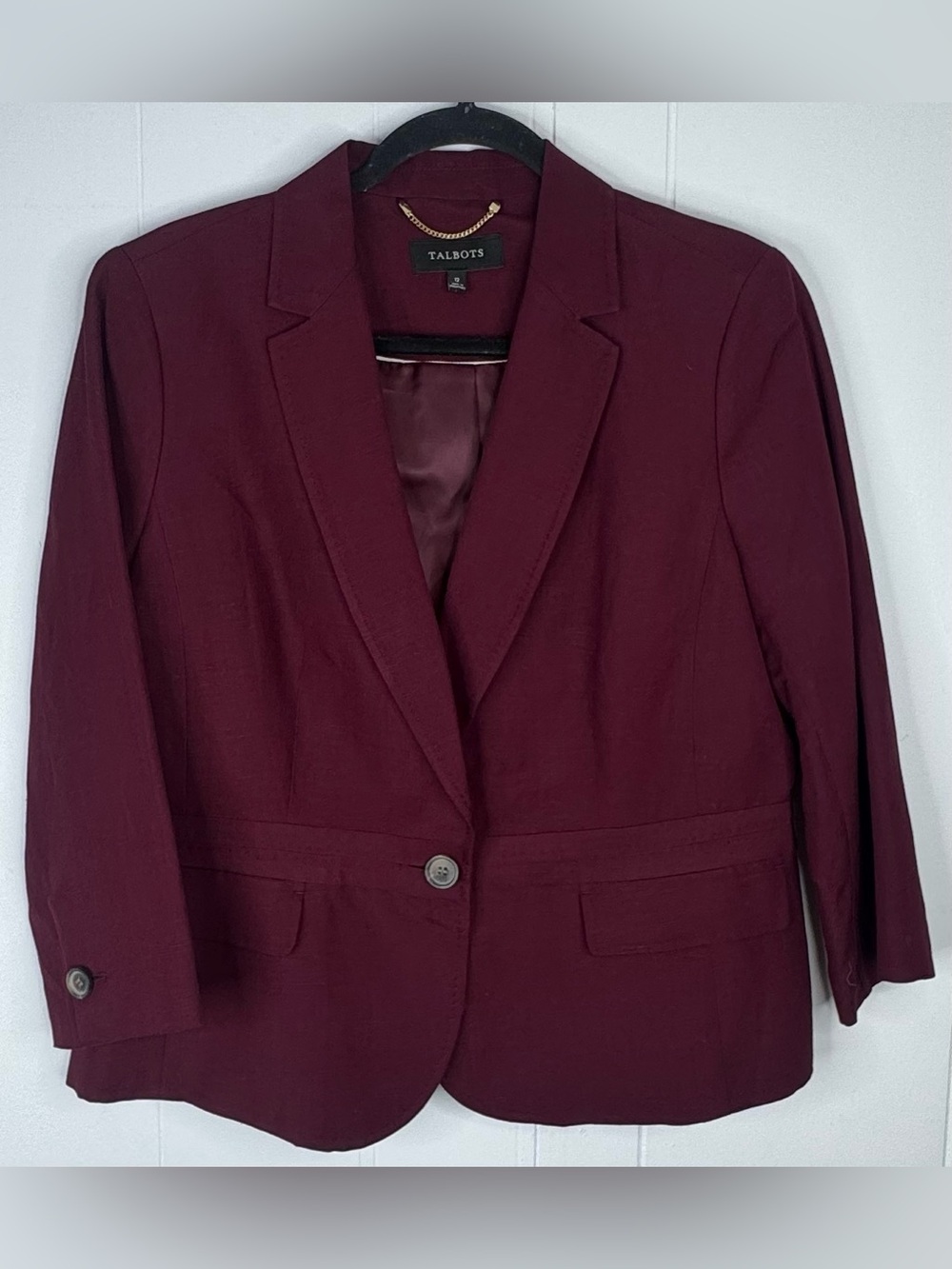 Talbots Linen Blend Burgundy Single-Button 3/4 Sleeve Blazer Womens Size 12